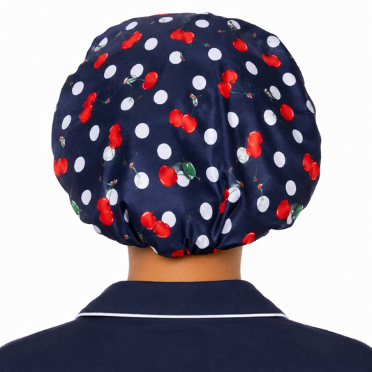 Ayababj Handmade Hair Bonnet: Navy Cherry & Polka Dot with Satin Lining