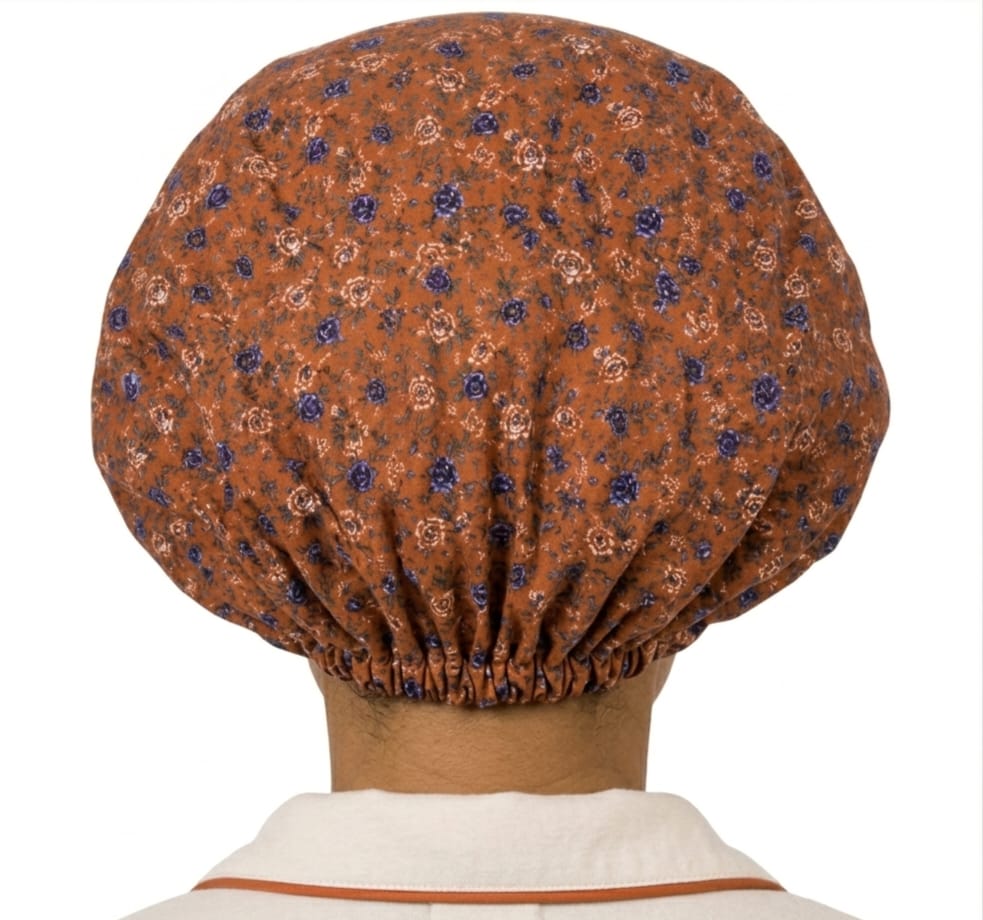 Ayababj Handmade Hair Bonnet: Rust Rose Floral with Gold Satin Trim