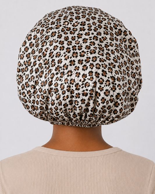 Ayababj Handmade Hair Bonnet: Leopard Print with Gold Satin Trim