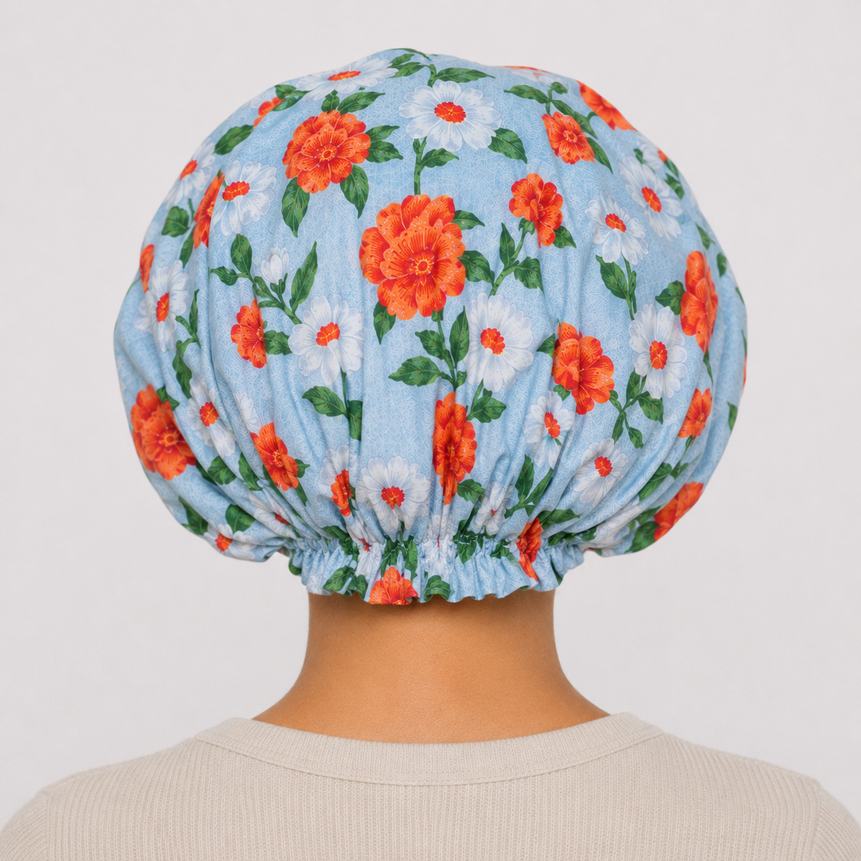 Ayababj Handmade Hair Bonnet: Sky Blue Tropical Floral with Green Satin Trim
