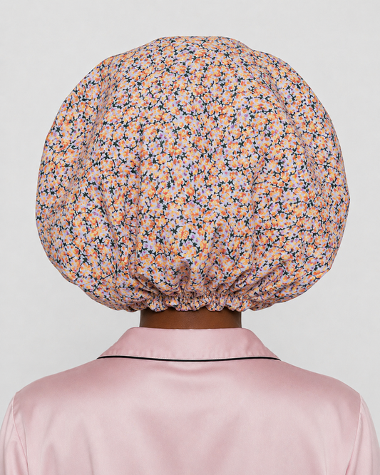 Ayababj Handmade Hair Bonnet: Lilac Ditsy Floral with Pink Satin Trim