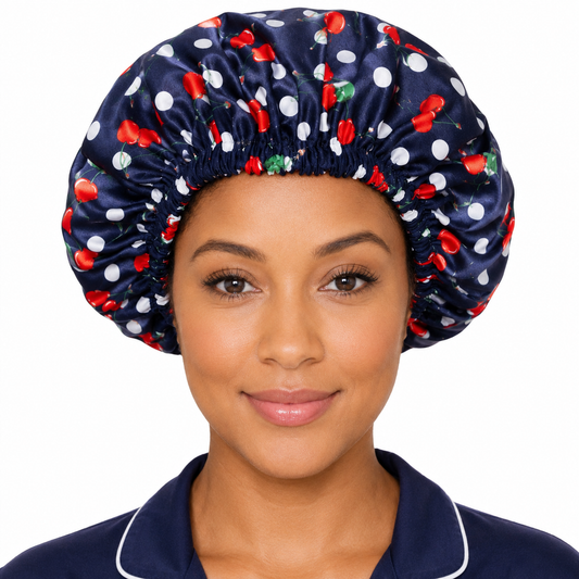 Ayababj Handmade Hair Bonnet: Navy Cherry & Polka Dot with Satin Lining