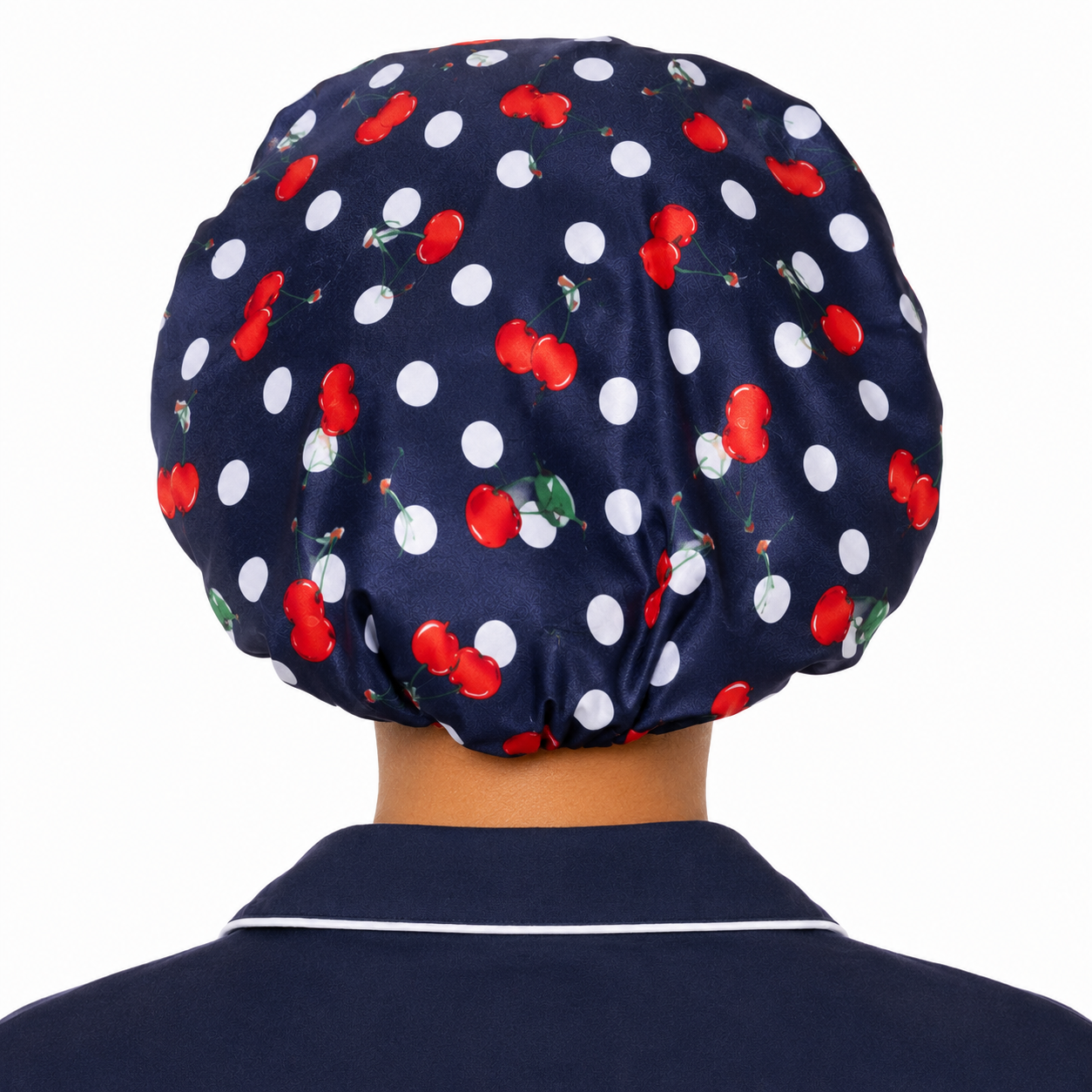 Ayababj Handmade Hair Bonnet: Navy Cherry & Polka Dot with Satin Lining