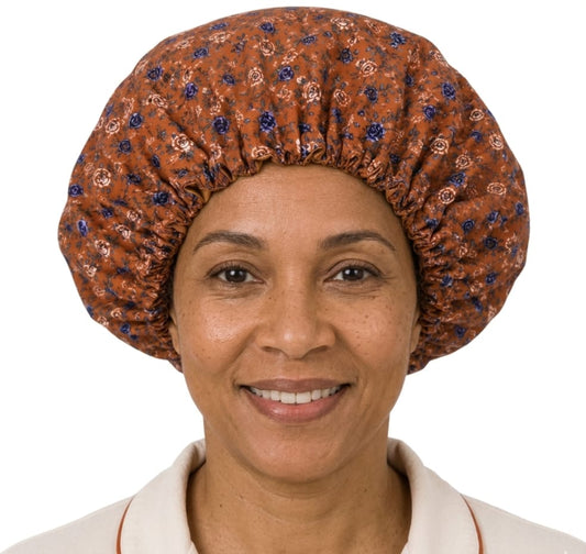 Ayababj Handmade Hair Bonnet: Rust Rose Floral with Gold Satin Trim