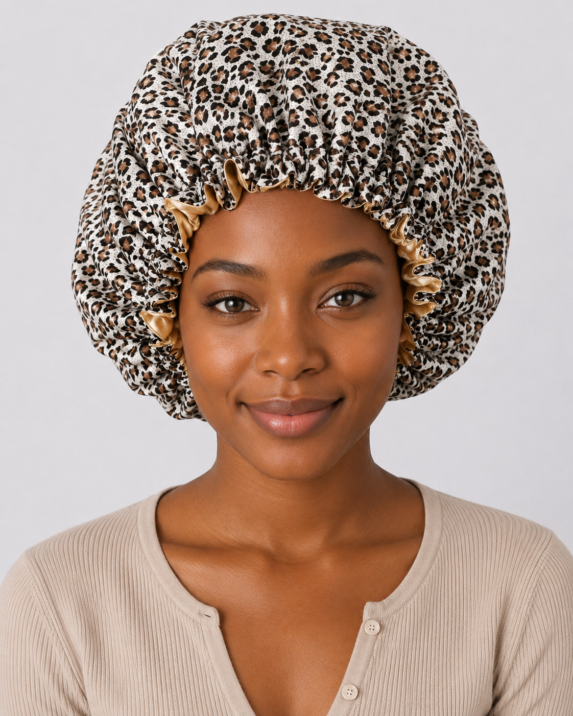 Ayababj Handmade Hair Bonnet: Leopard Print with Gold Satin Trim