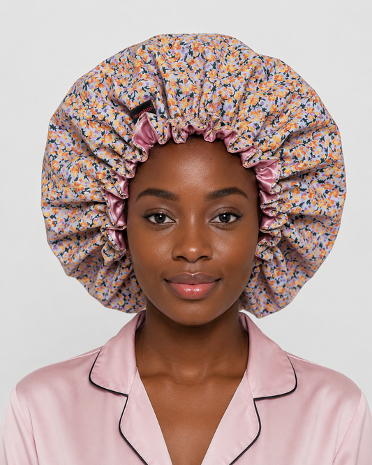 Ayababj Handmade Hair Bonnet: Lilac Ditsy Floral with Pink Satin Trim