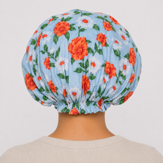 Ayababj Handmade Hair Bonnet: Sky Blue Tropical Floral with Green Satin Trim
