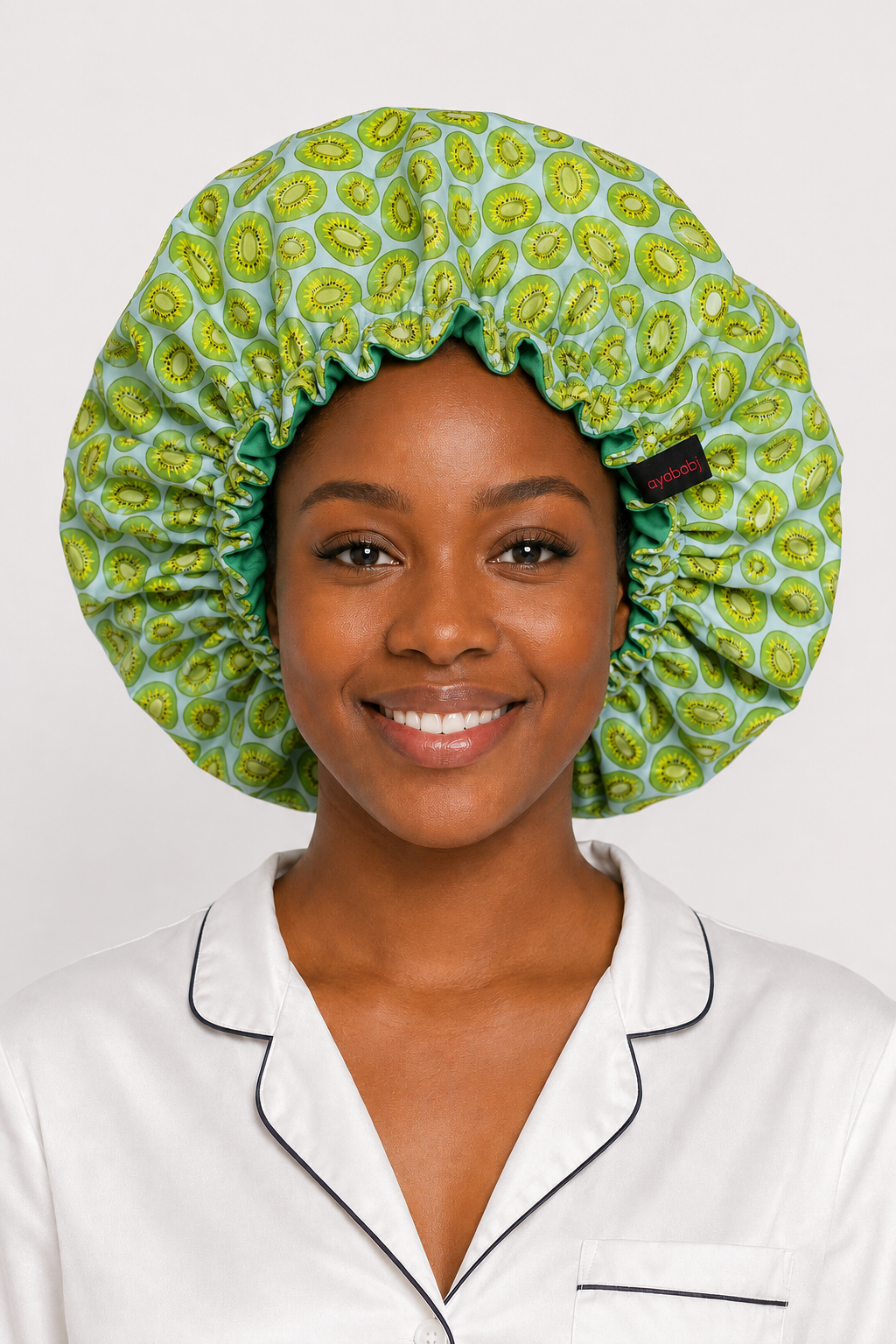 Ayababj Handmade Hair Bonnet: Kiwi Print with Green Satin Trim
