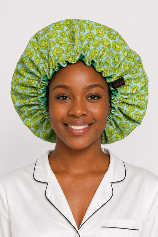 Ayababj Handmade Hair Bonnet: Kiwi Print with Green Satin Trim